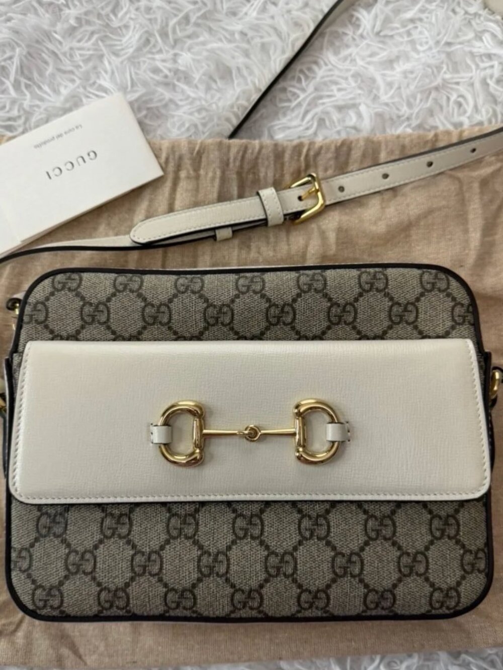 GUCCI GG Supreme Monogram Small Horsebit 1955 Shoulder Bag in Beige and Mystic W